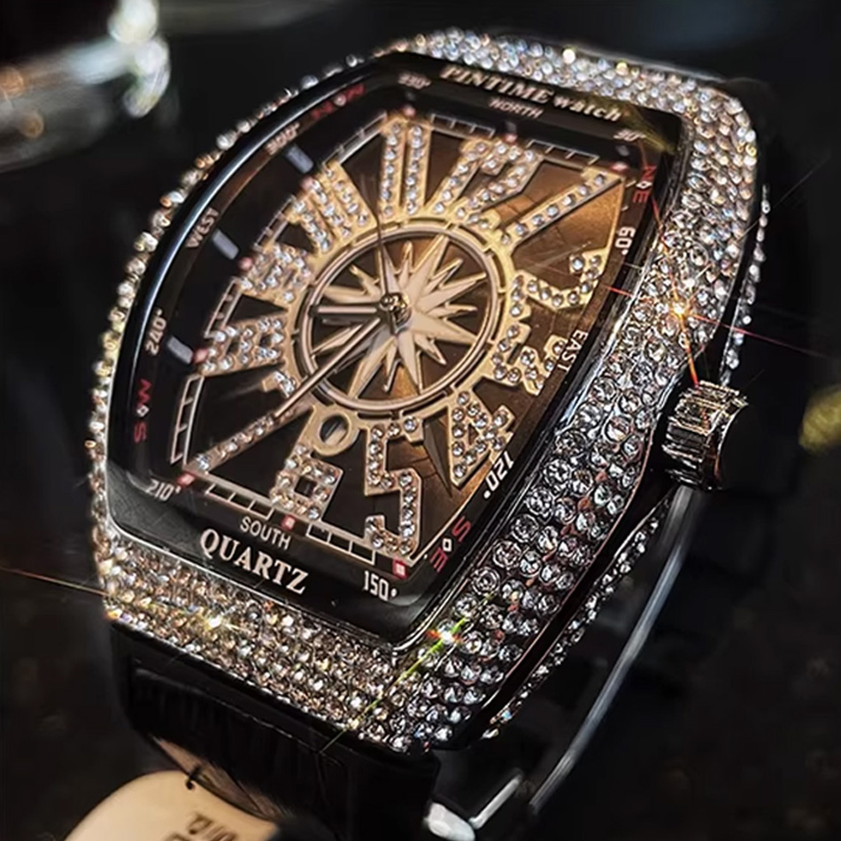Cartier Watch Tank - นาฬิกาเพชรแบรนด์หรูระดับพรีเมียม นาฬิกาดิจิตอลฝังเพชรสีดำ พร้อมไฟกลางคืน นาฬิกาควอตซ์ผู้ชาย สไตล์ฮิปฮอป ของขวัญสำหรับผู้ชาย